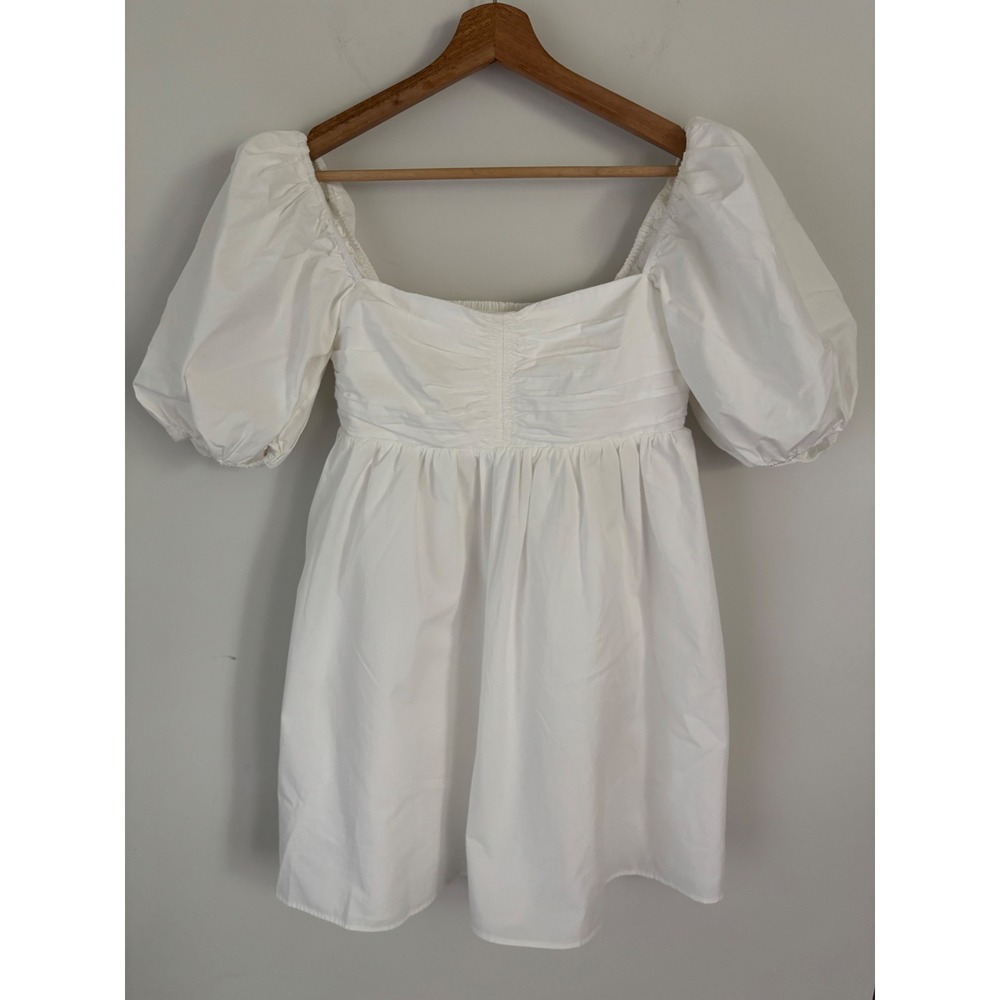 Wilfred Aritzia White Cotton Puff Sleeve Mini Dress smocked cottagecore Medium